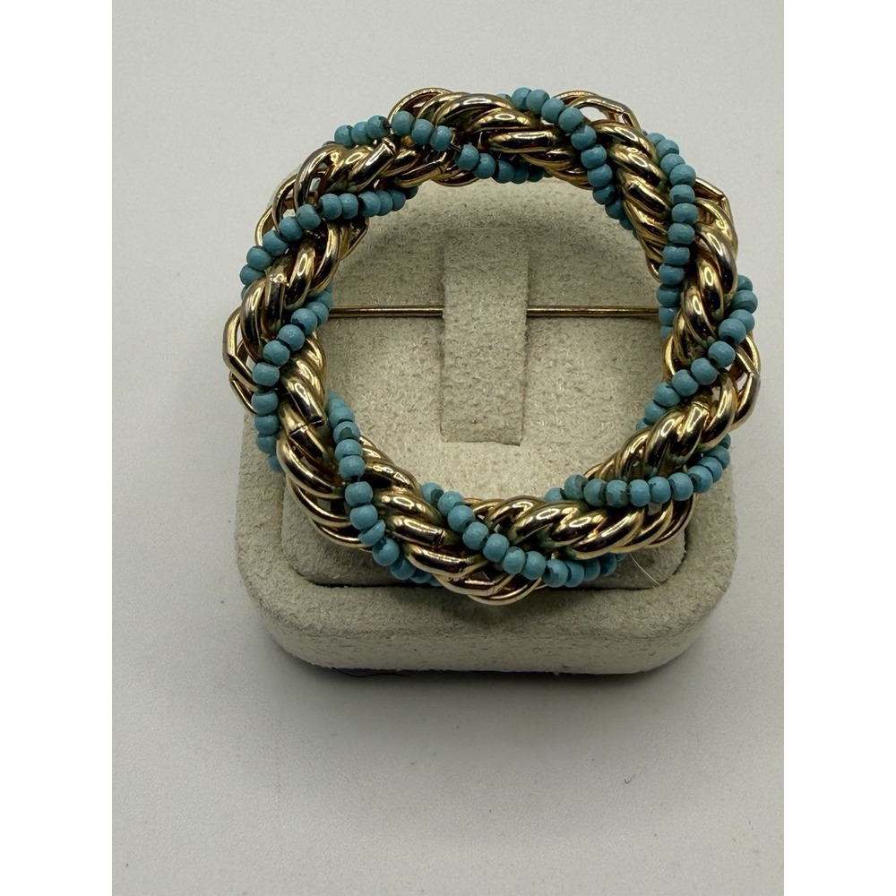 Vintage Wreath Brooch Gold Tone Turquoise Color Accent Beads Braided Twist